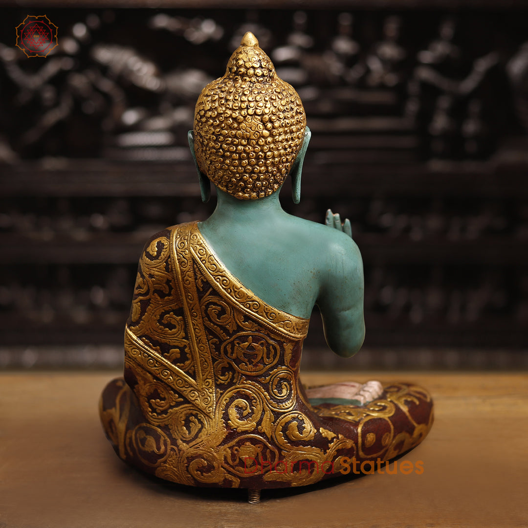 Handcrafted Brass Buddha Idol, Buddha in Blessing Posture, colorful 18"