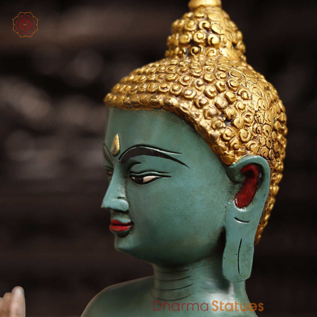 Handcrafted Brass Buddha Idol, Buddha in Blessing Posture, colorful 18"