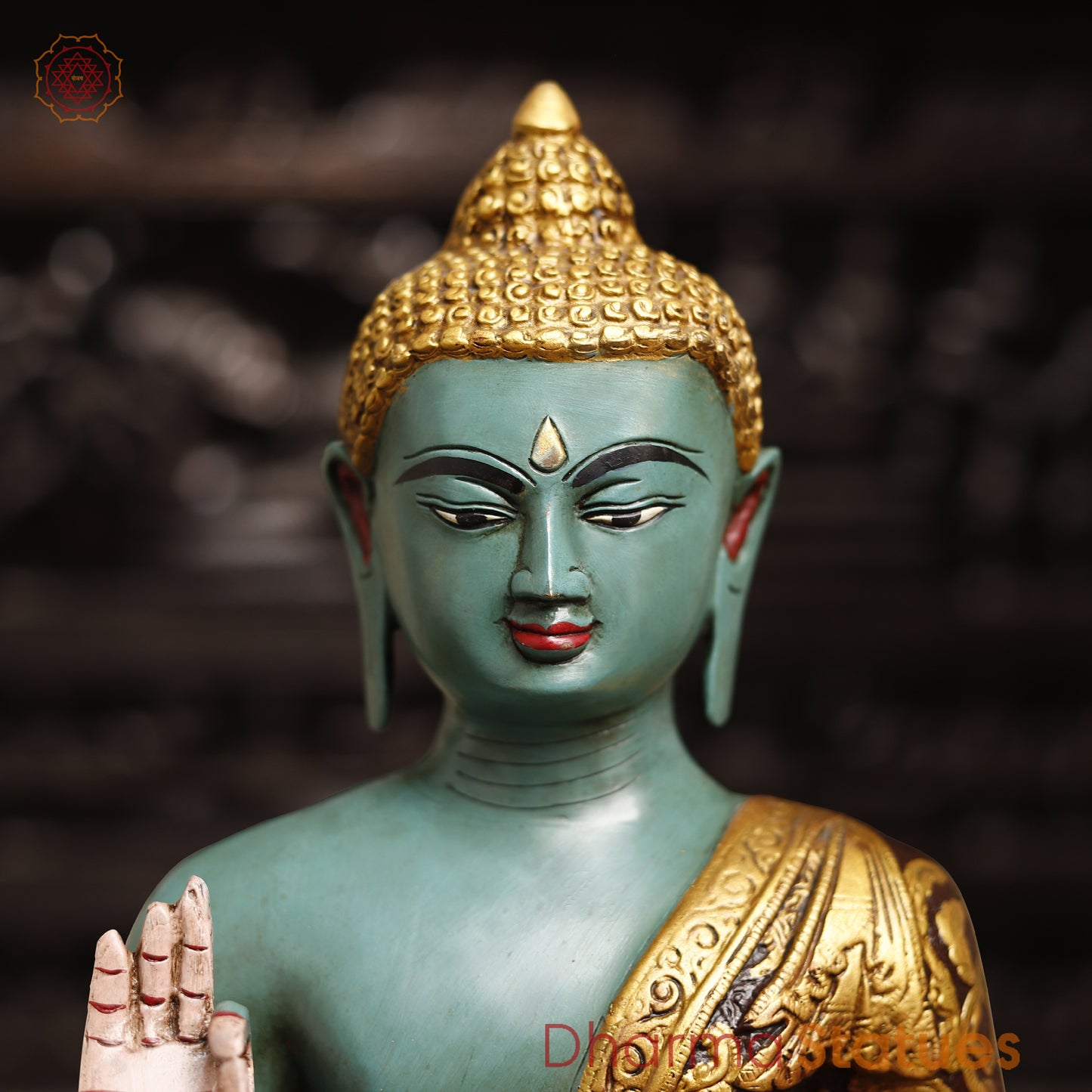 Brass Handcrafted Buddha Idol in Blessing Posture, colorful Finish, 18"