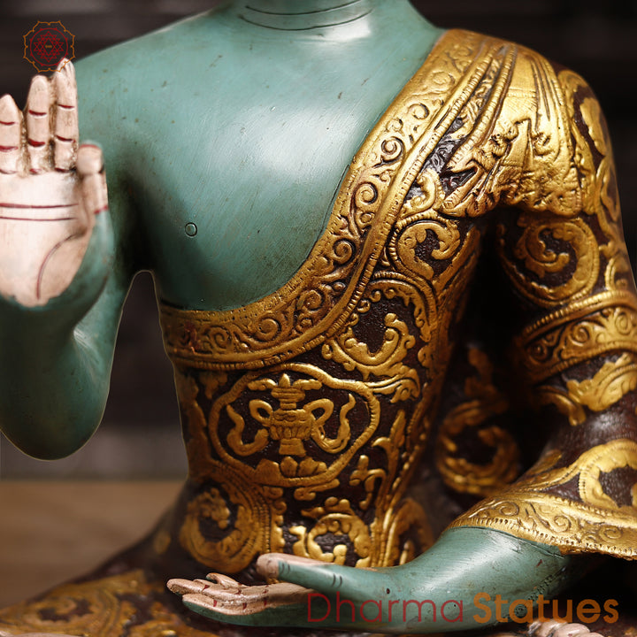 Handcrafted Brass Buddha Idol, Buddha in Blessing Posture, colorful 18"