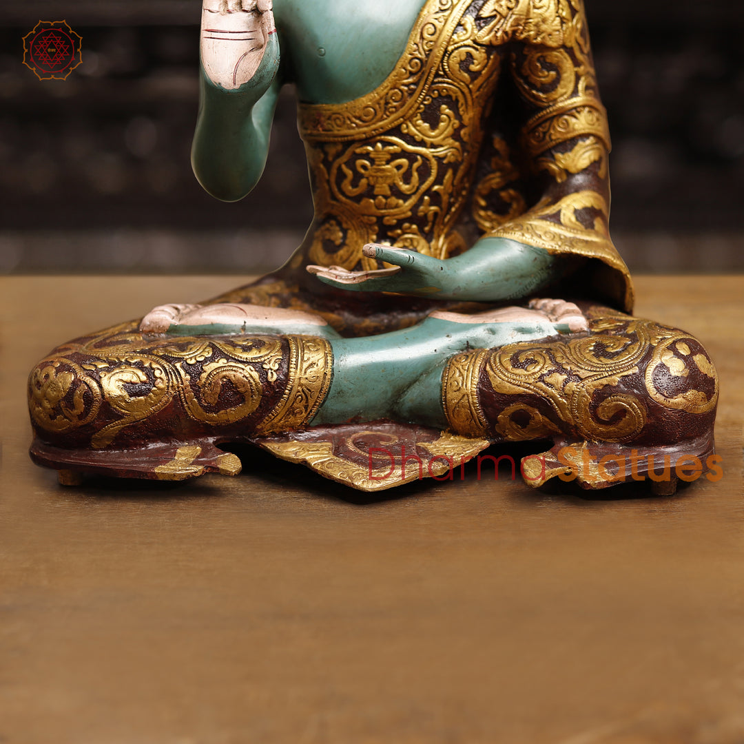 Handcrafted Brass Buddha Idol, Buddha in Blessing Posture, colorful 18"