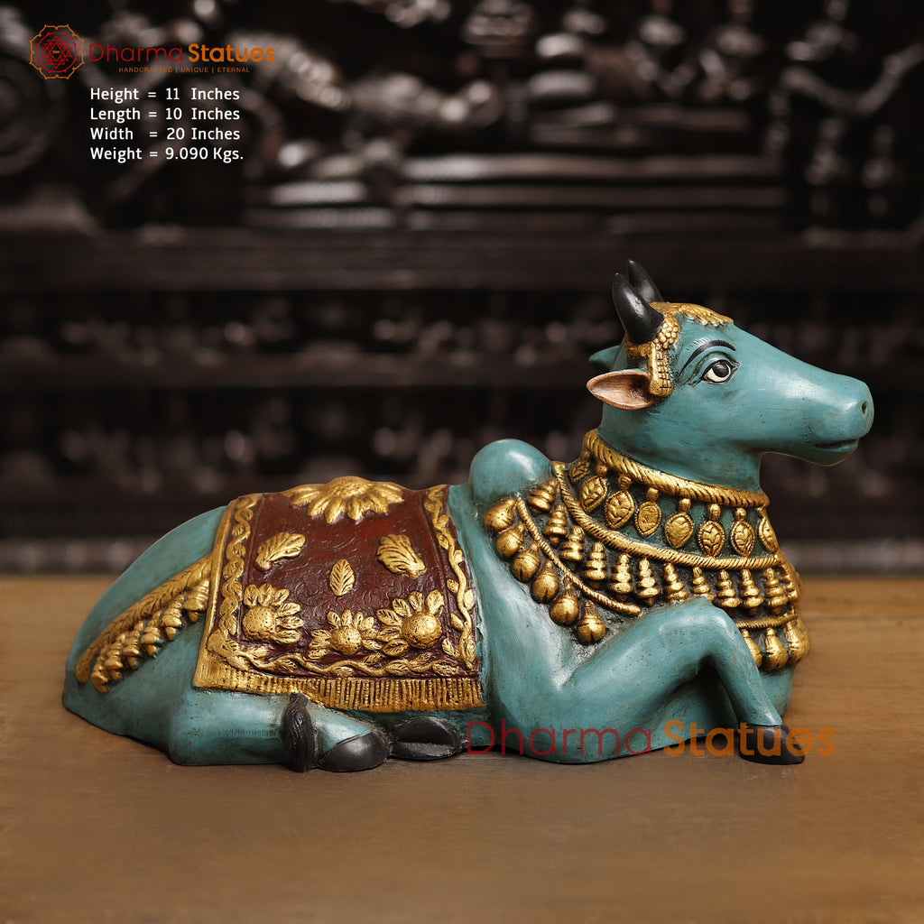 Brass Nandi Idol, The Sacred Blue Bull with Golden Grace,  11"