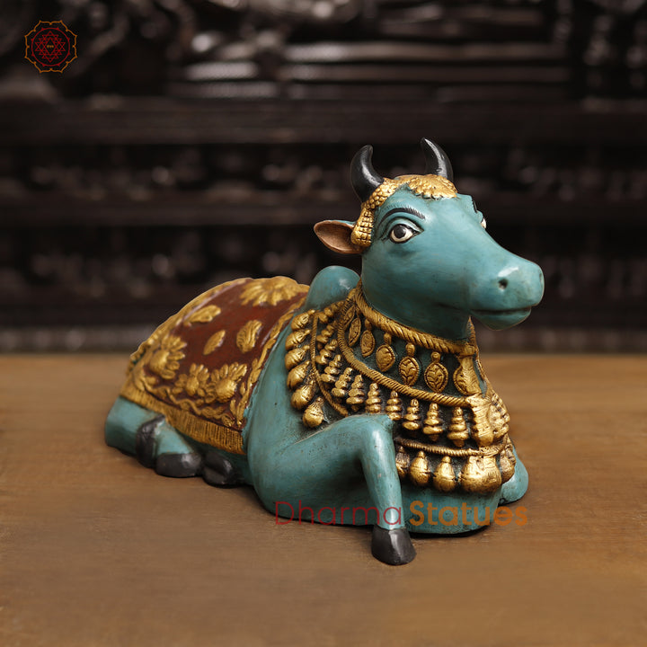 Brass Nandi Idol, The Sacred Blue Bull with Golden Grace,  11"