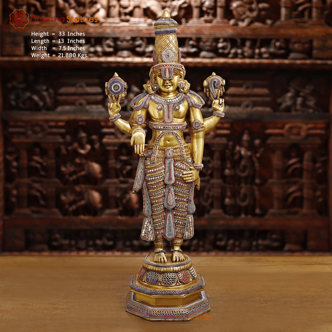 Brass Tirupati Balaji Idol, Eternal Statue of Lord Vishnu, Golden & Stone Work 33" Front View