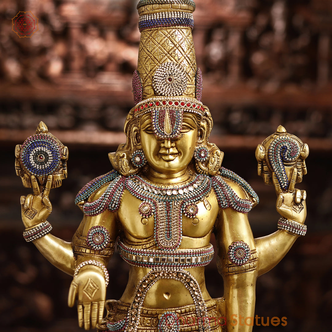 Brass Balaji Idol, Standing  Enhanced with Semi-Precious Stone Inlay, 33"