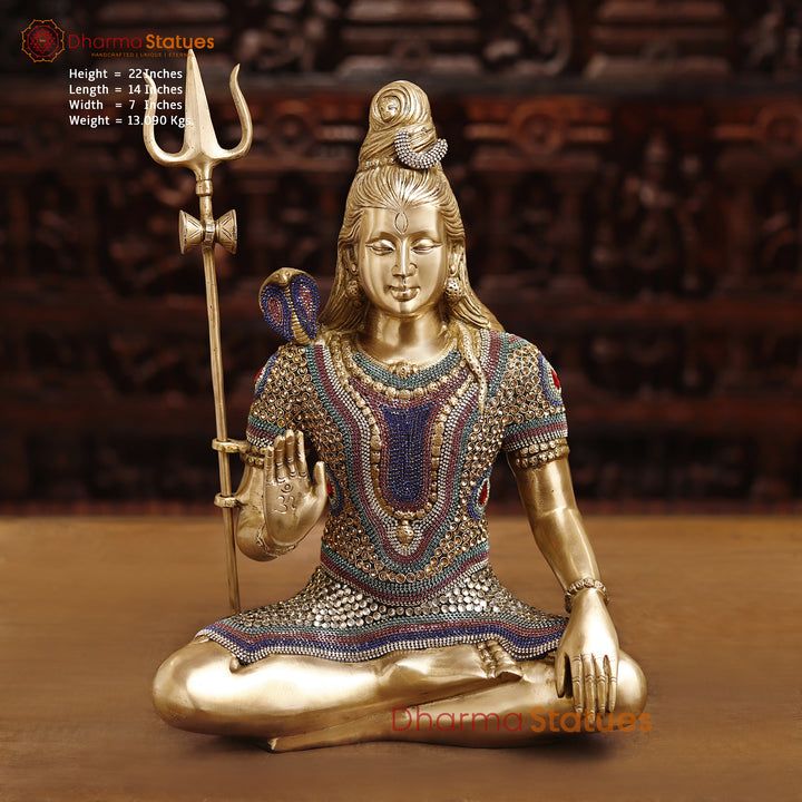 Brass Lord Shiva Idol, Shiva in a Blessing Posture, Golden and Stone work 22" front view