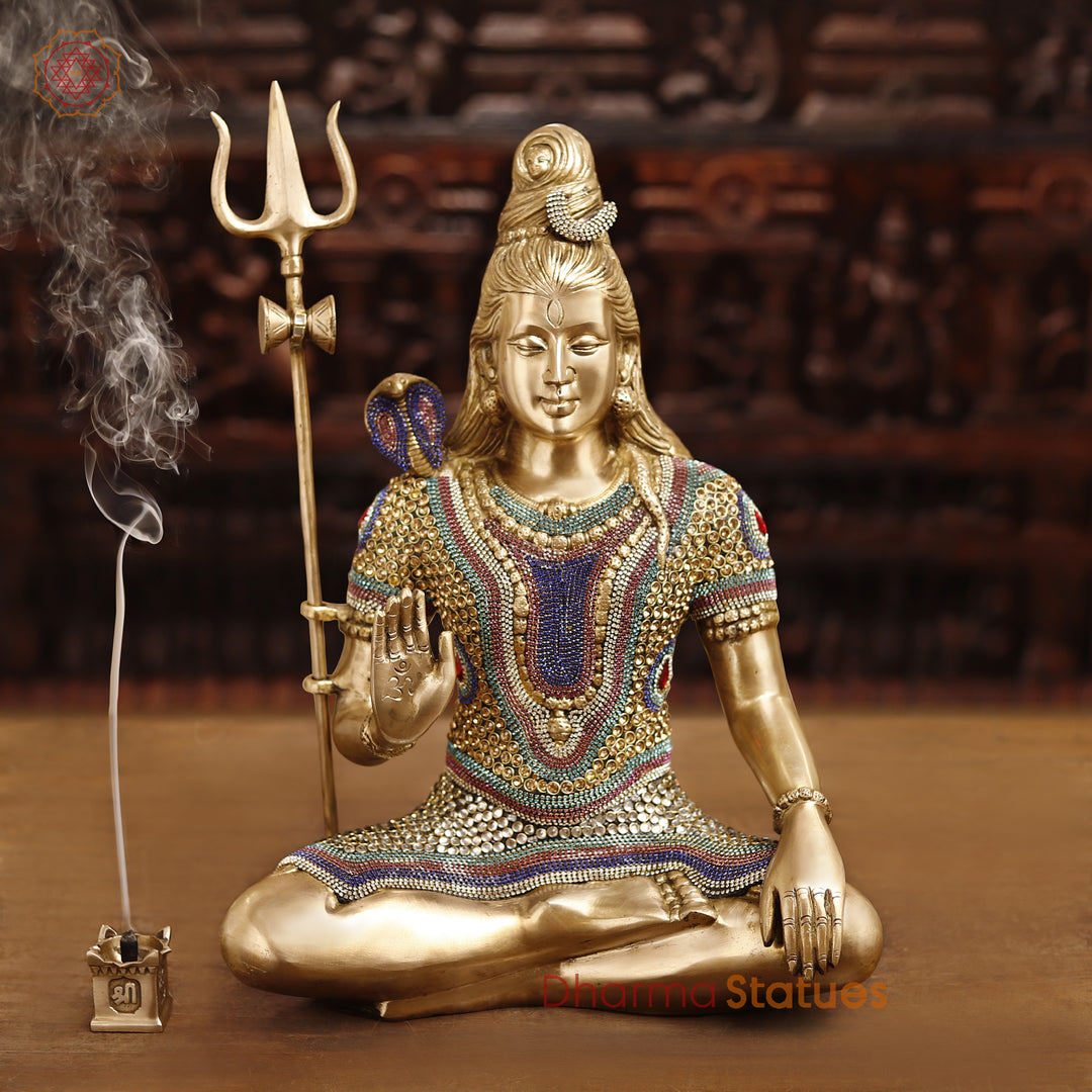 Brass Lord Shiva Idol, Blessing Posture, Stonework with Golden finish, 22"