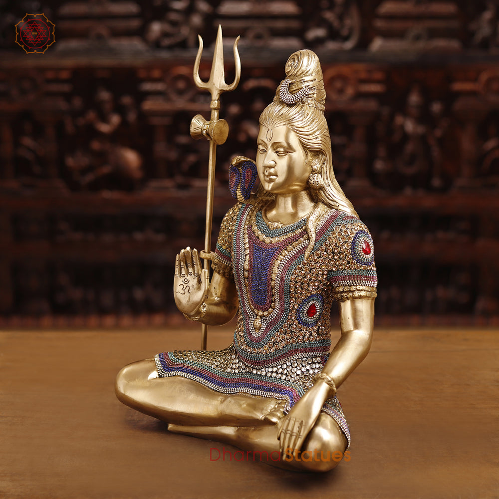 Brass Lord Shiva Idol, Shiva in a Blessing Posture, Golden and Stone work 22" side view