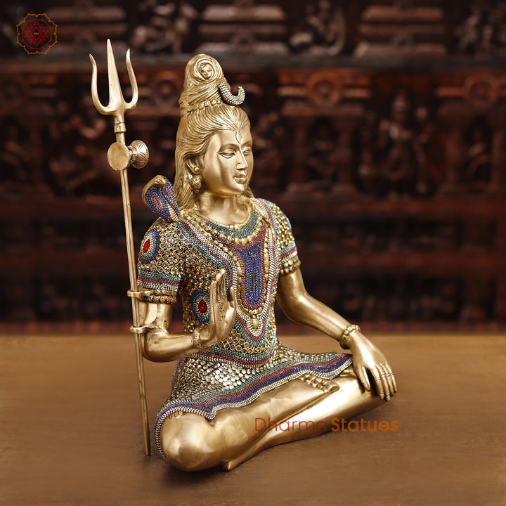 Brass Lord Shiva Idol, Shiva in a Blessing Posture, Golden and Stone work 22" side view