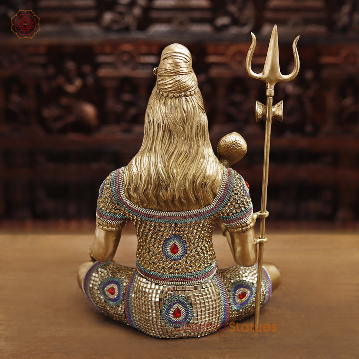 Brass Lord Shiva Idol, Shiva in a Blessing Posture, Golden and Stone work 22" back view