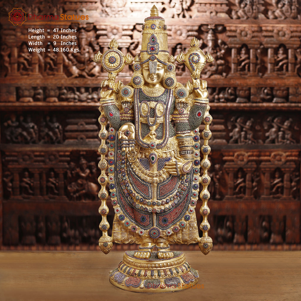 Brass Tirupati Balaji Idol, Fine Golden and Stone work 47" Front View