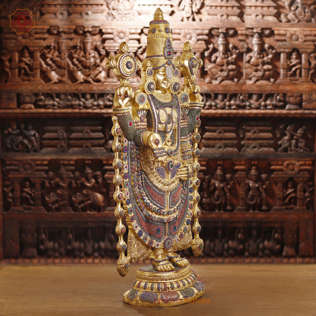 Brass Balaji Standing Fine Carved, Crystal Stone Work 47"