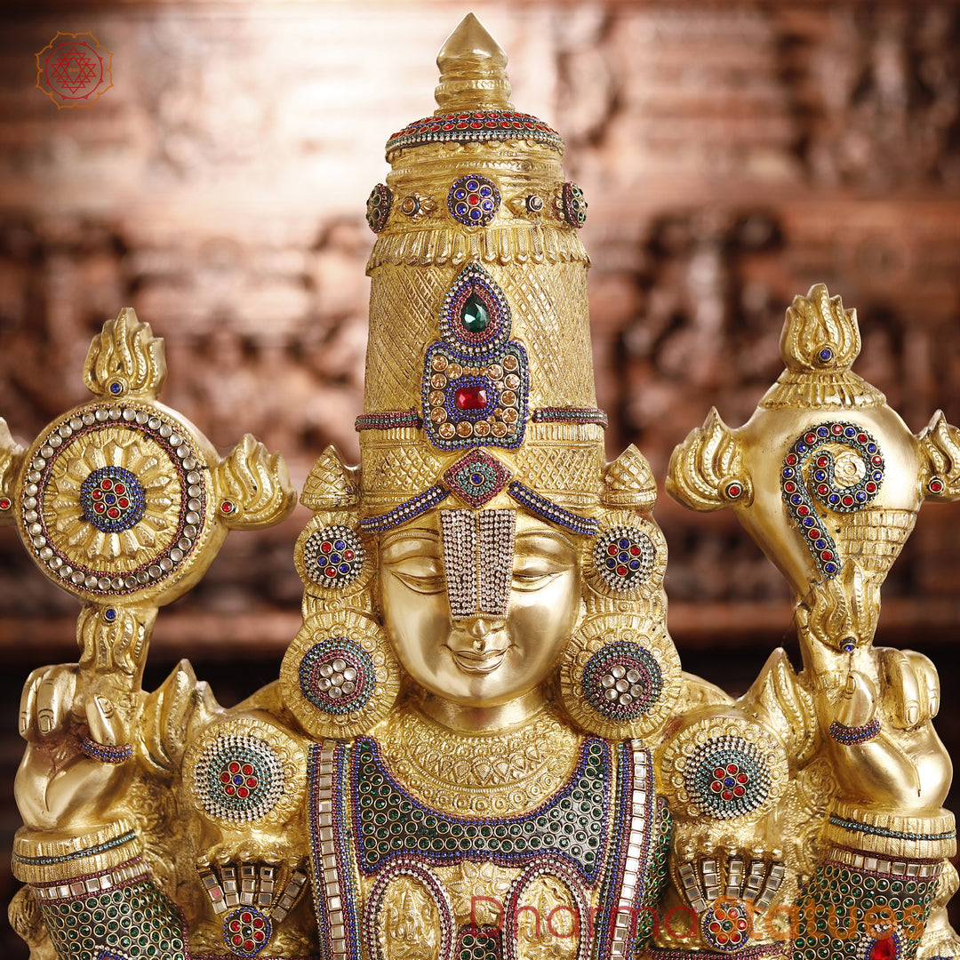 Brass Tirupati Balaji Statue, Teastament to Divine Artistry & Opulence, Crystal Stone Work 47"