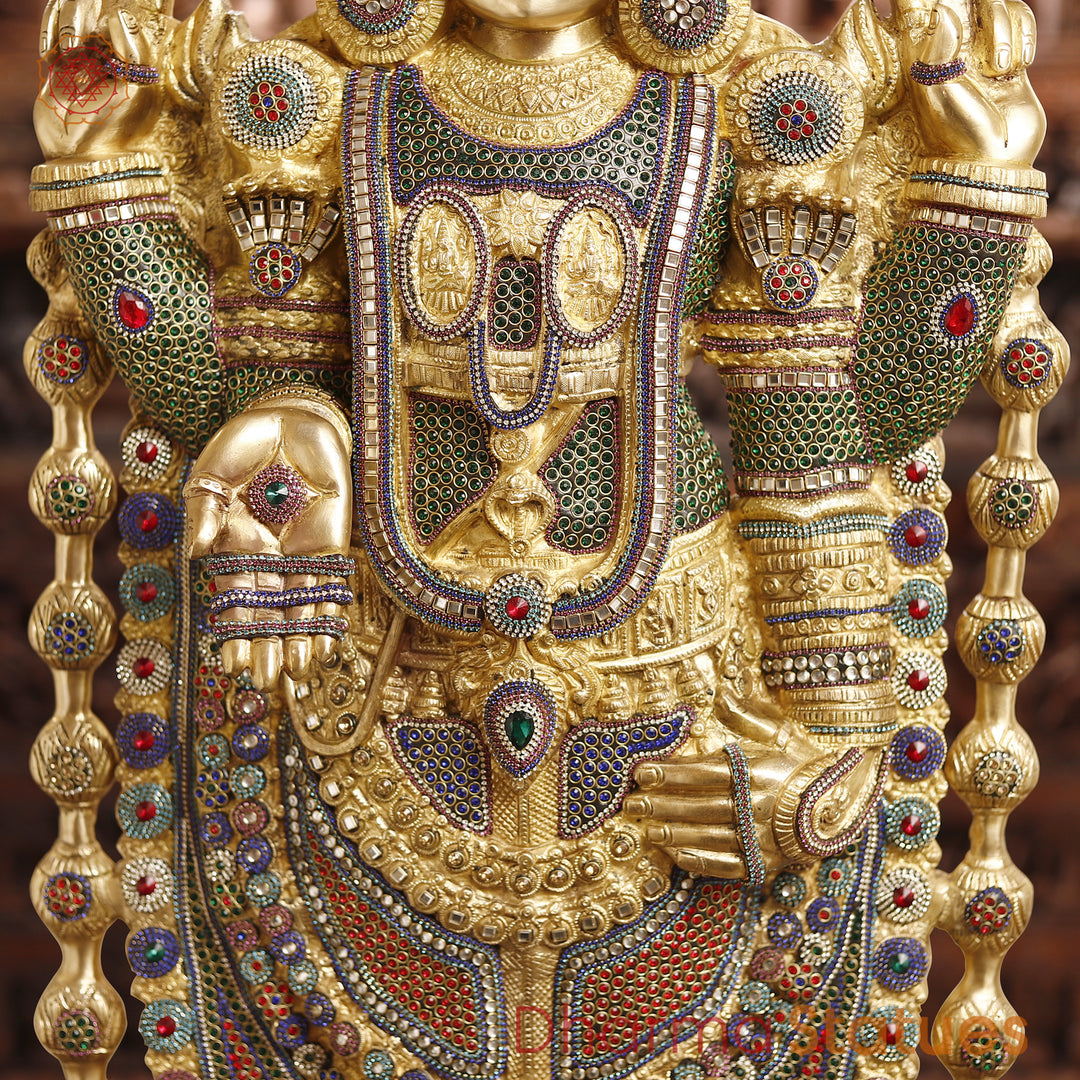 Brass Tirupati Balaji Statue, Teastament to Divine Artistry & Opulence, Crystal Stone Work 47"