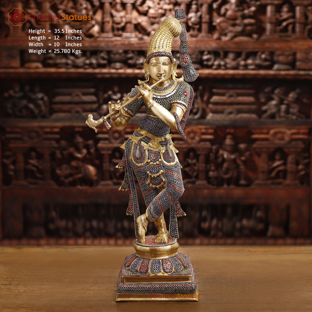 Brass Lord Krishna Idol, Krishna Playing Flute, Golden & Stone work 35.5" Front View