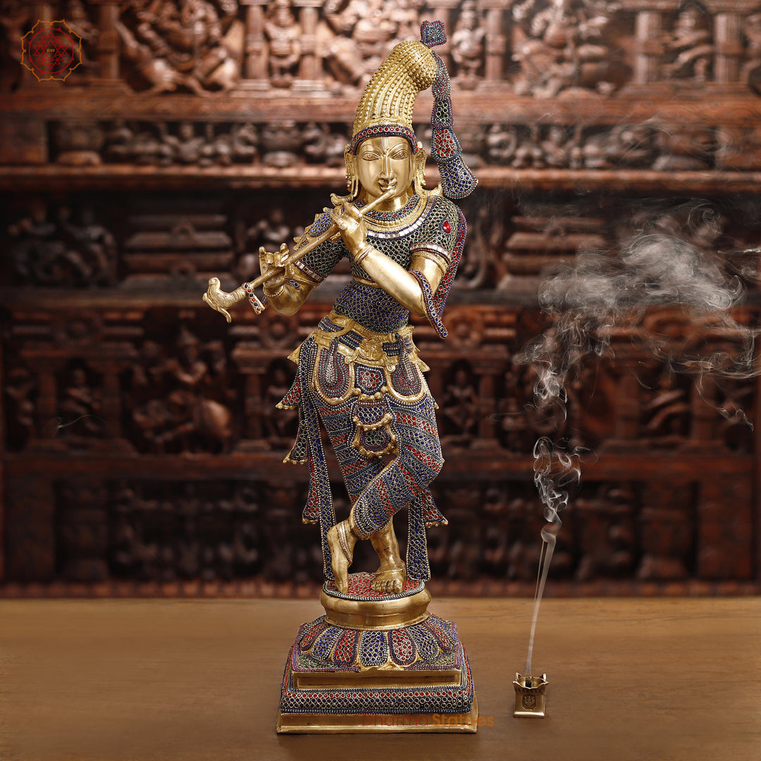 Brass Lord Krishna Idol, Playing Flute, Golden & Stone Work 35.5"