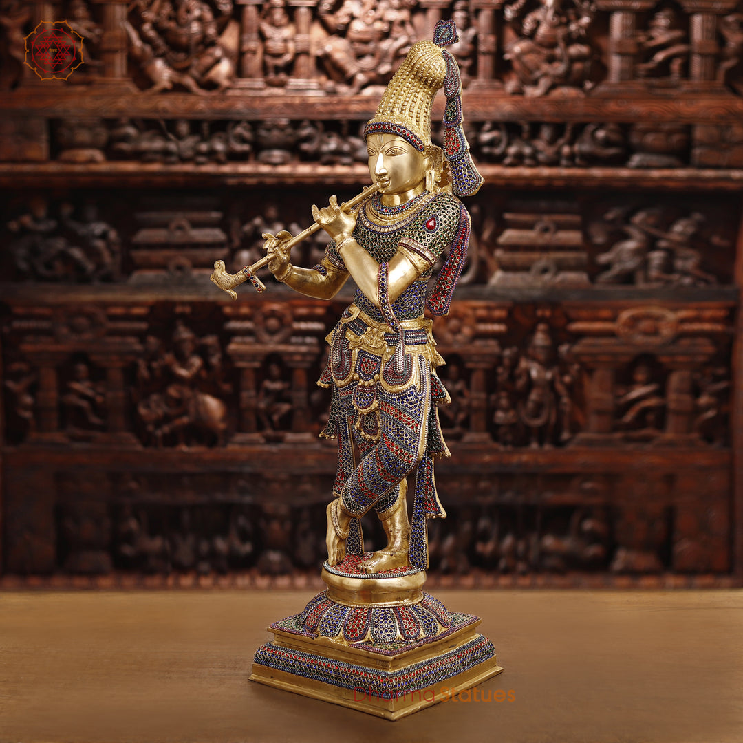 Brass Lord Krishna Idol, Playing Flute, Golden & Stone Work 35.5"