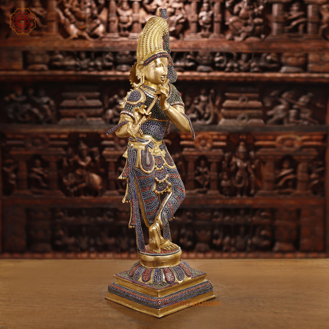 Brass Lord Krishna Idol, Playing Flute, Golden & Stone Work 35.5"