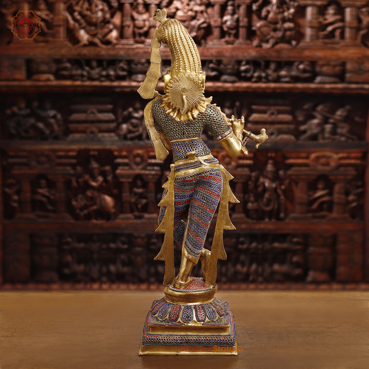 Brass Lord Krishna Idol, Playing Flute, Golden & Stone Work 35.5"