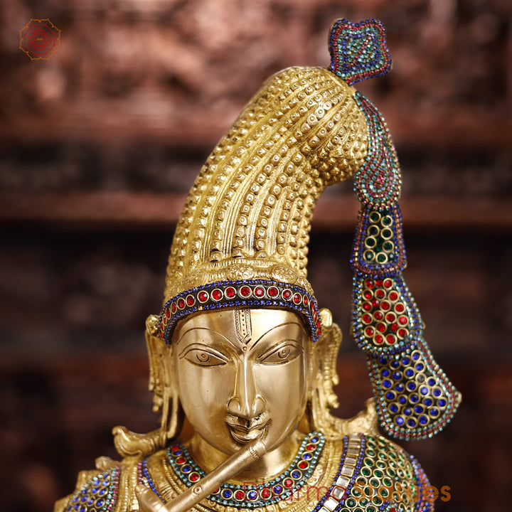 Brass Lord Krishna Idol, Playing Flute, Golden & Stone Work 35.5"