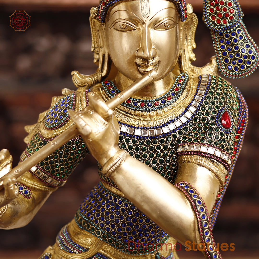 Brass Lord Krishna Idol, Playing Flute, Golden & Stone Work 35.5"