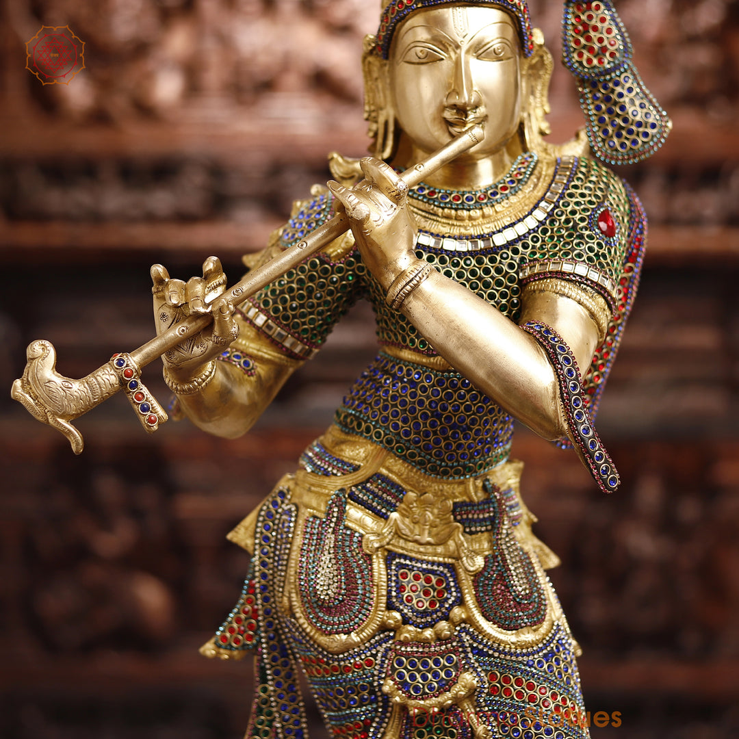 Brass Lord Krishna Idol, Playing Flute, Golden & Stone Work 35.5"