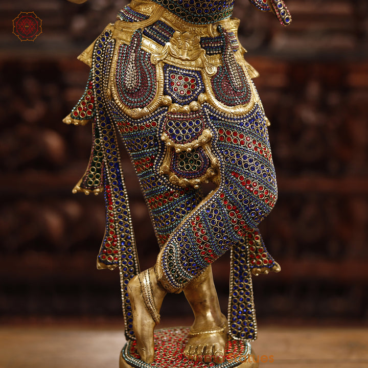 Brass Lord Krishna Idol, Playing Flute, Golden & Stone Work 35.5"