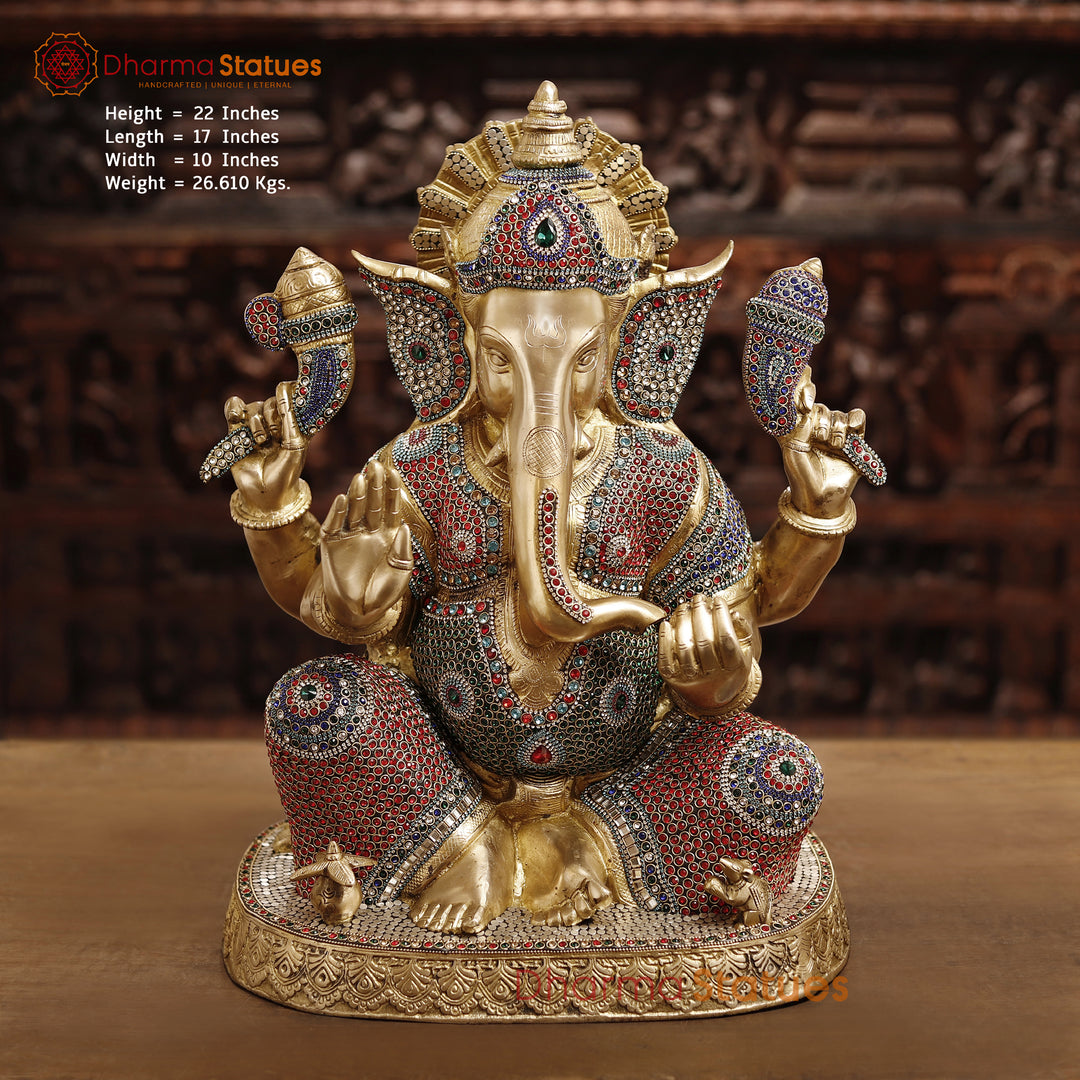 Brass Lord Ganesh Idol, Ganapati ji in Blessing Posture, Golden & Stone work 22" Front View