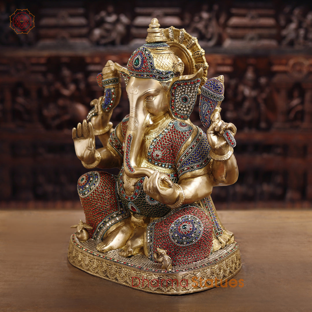 Brass Lord Ganesh Idol, Ganapati ji in Blessing Posture, Golden & Stone work 22"