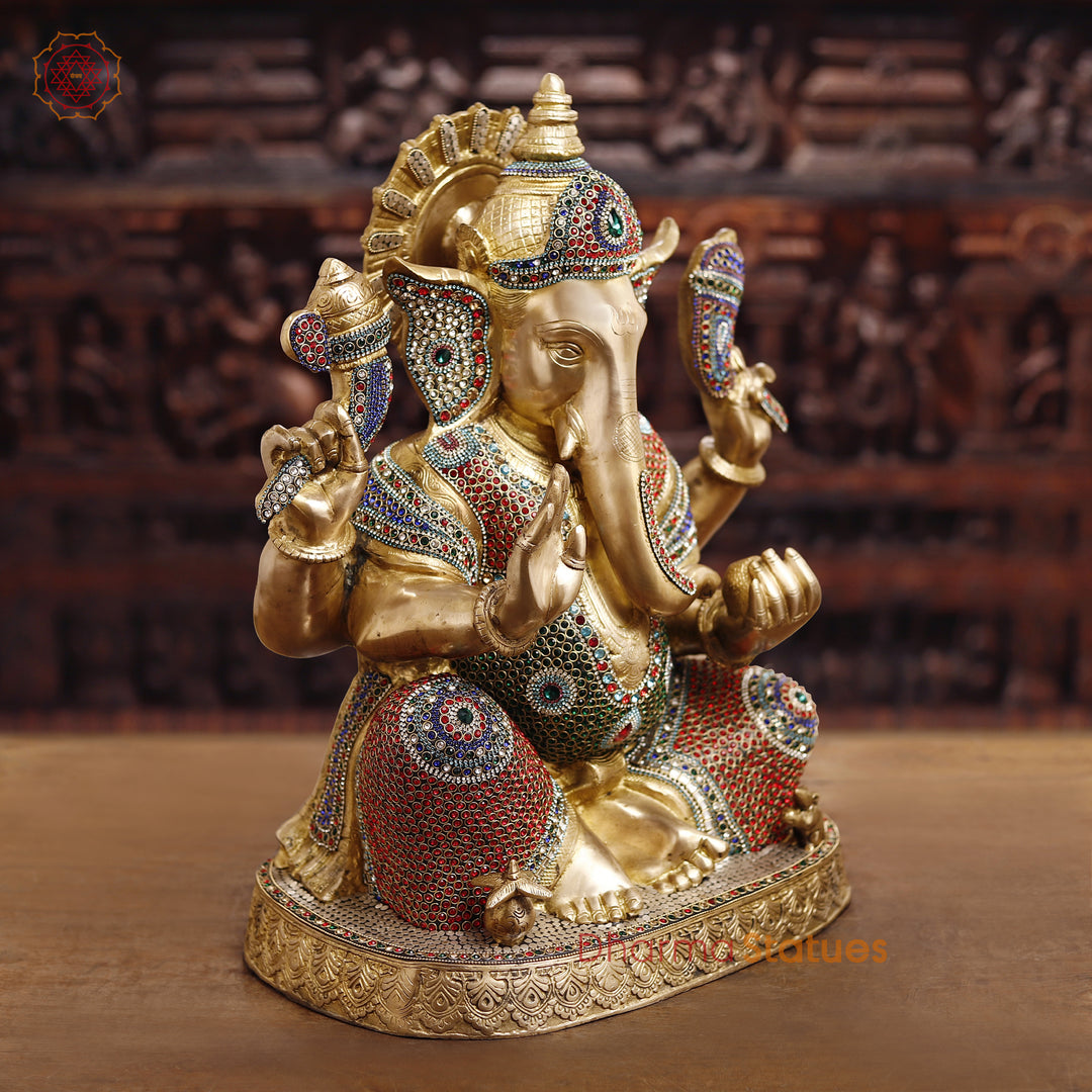 Brass Lord Ganesh Idol, Ganapati ji in Blessing Posture, Golden & Stone work 22"