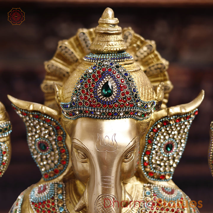 Brass Lord Ganesh Idol, Ganapati ji in Blessing Posture, Golden & Stone work 22"