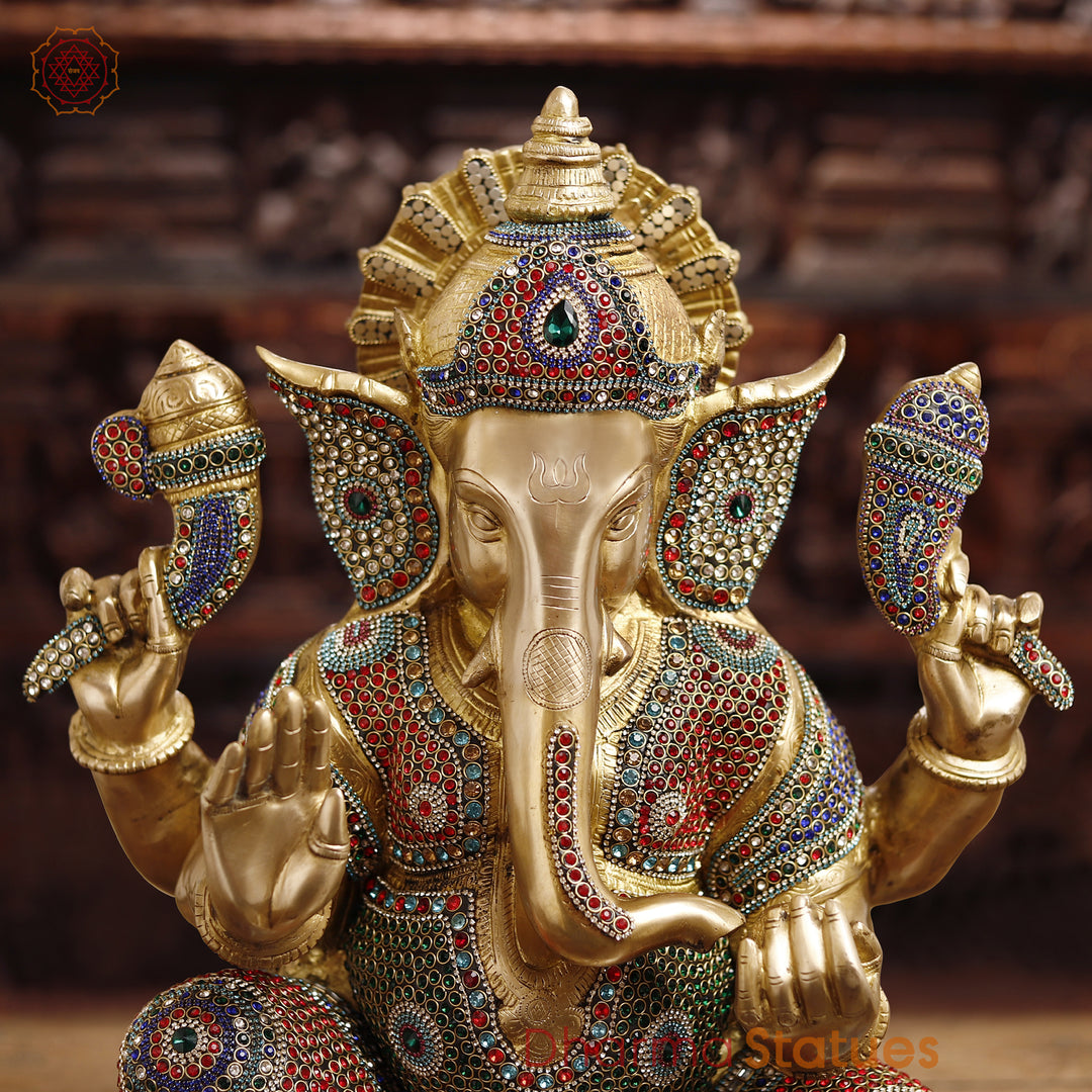 Brass Lord Ganesh Idol, Ganapati ji in Blessing Posture, Golden & Stone work 22"