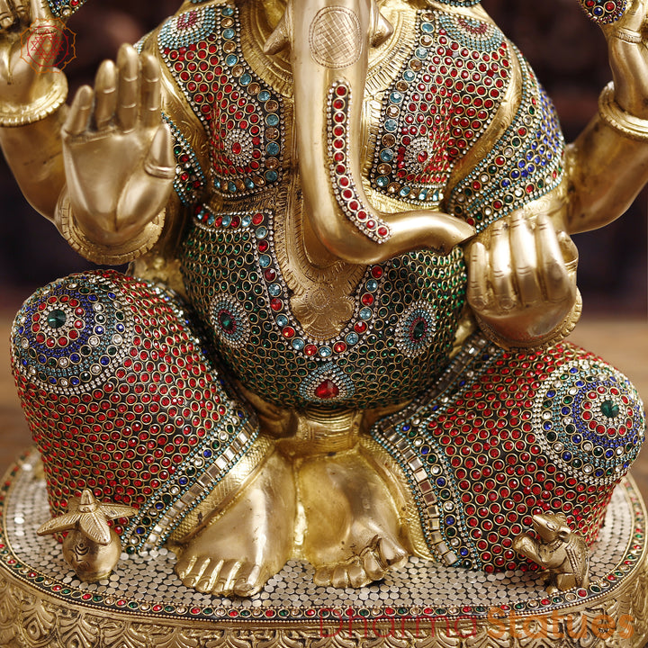 Brass Lord Ganesh Idol, Ganapati ji in Blessing Posture, Golden & Stone work 22"