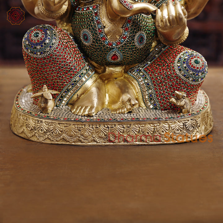 Brass Lord Ganesh Idol, Ganapati ji in Blessing Posture, Golden & Stone work 22"