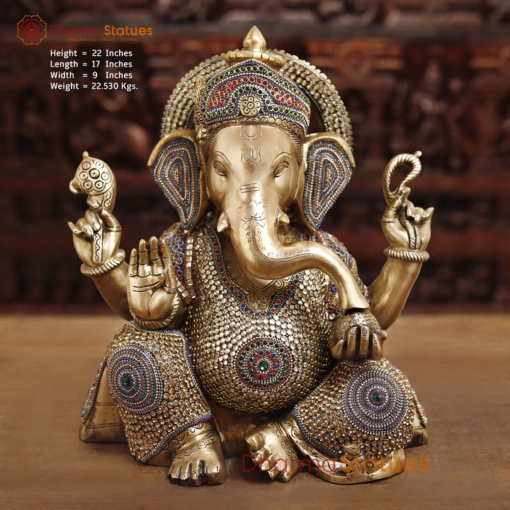 Brass Lord Ganesh Statue, Sitting in a Blessing Posture, Golden & Stone work 22" Front View