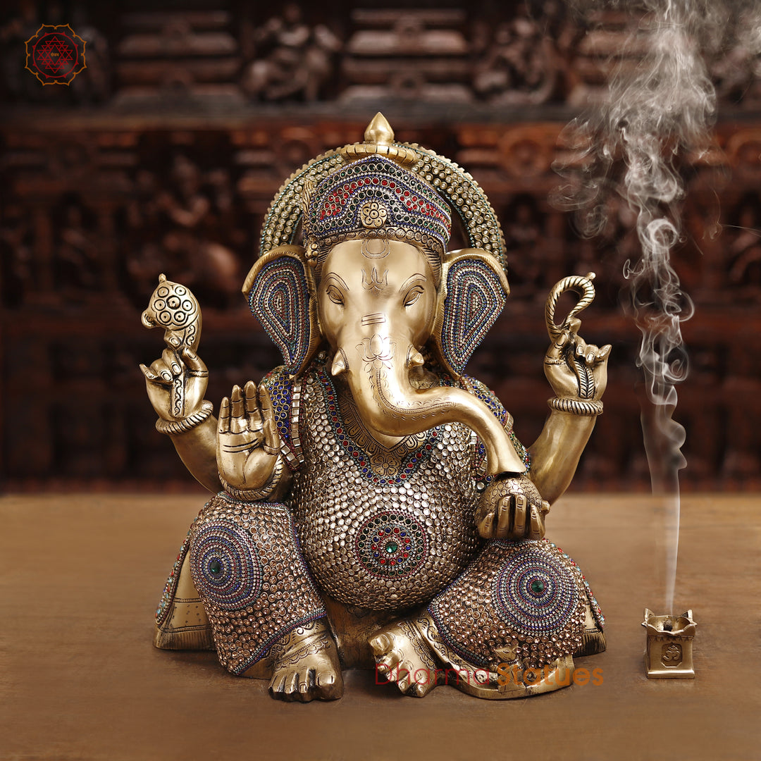 Brass Lord Ganesh Statue, Sitting in a Blessing Posture, Golden & Stone work 22"