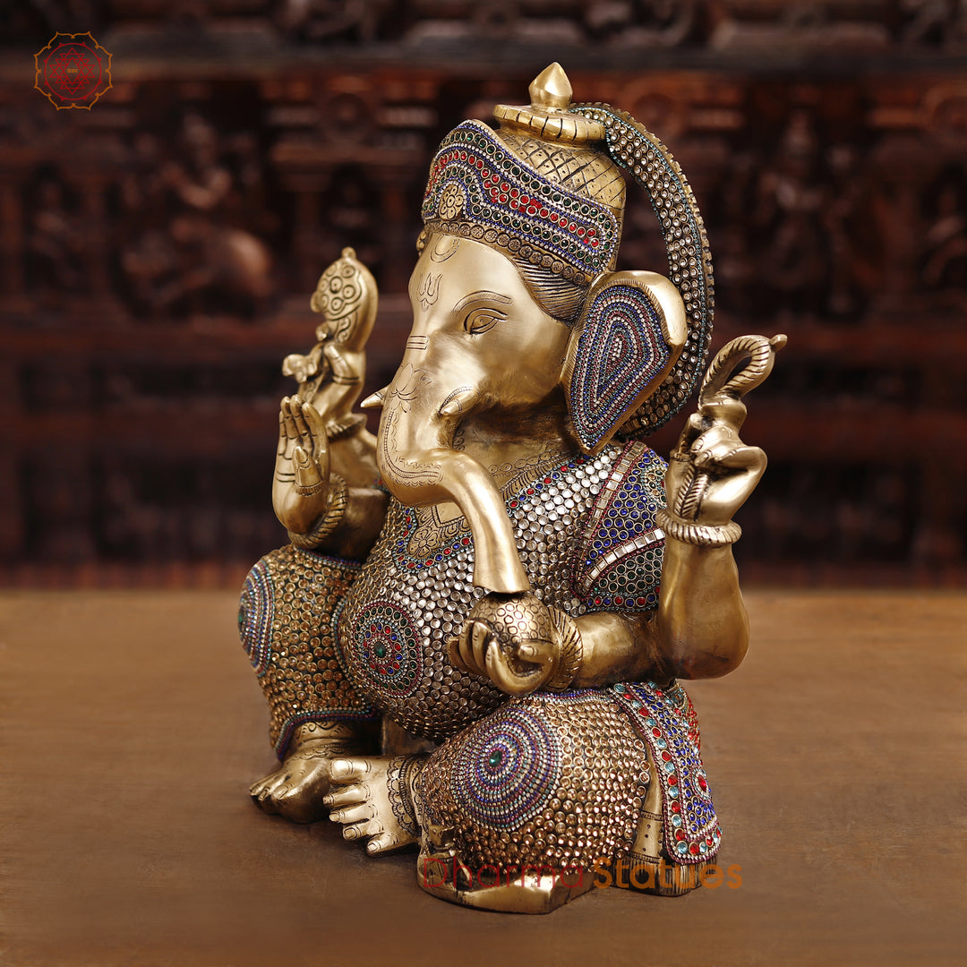 Brass Lord Ganesh Statue, Sitting in a Blessing Posture, Golden & Stone work 22"