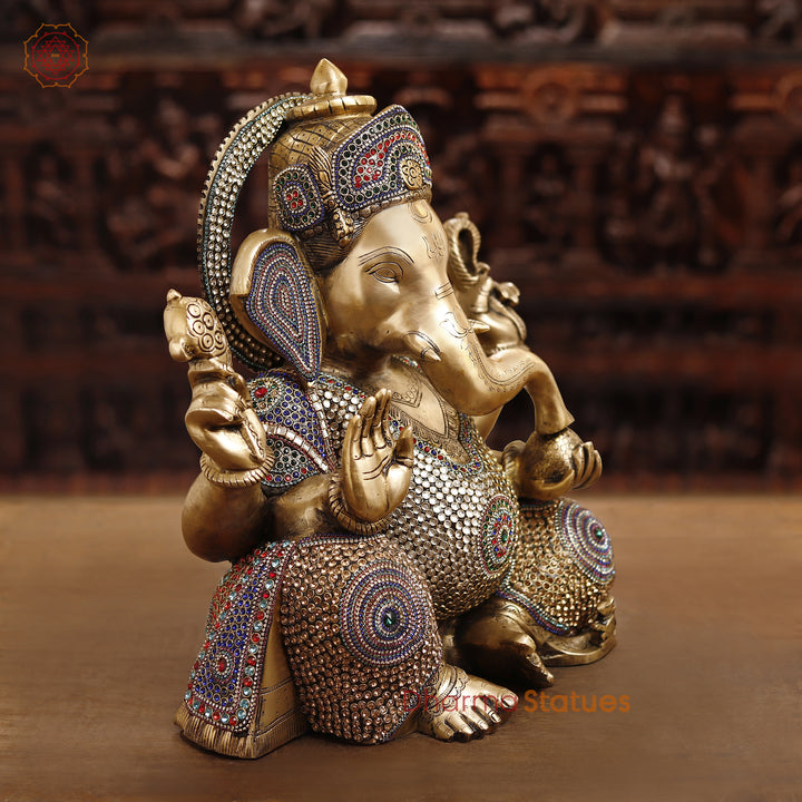 Brass Lord Ganesh Statue, Sitting in a Blessing Posture, Golden & Stone work 22"