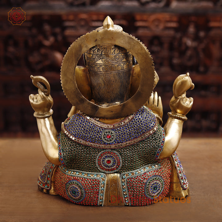 Brass Lord Ganesh Statue, Sitting in a Blessing Posture, Golden & Stone work 22"