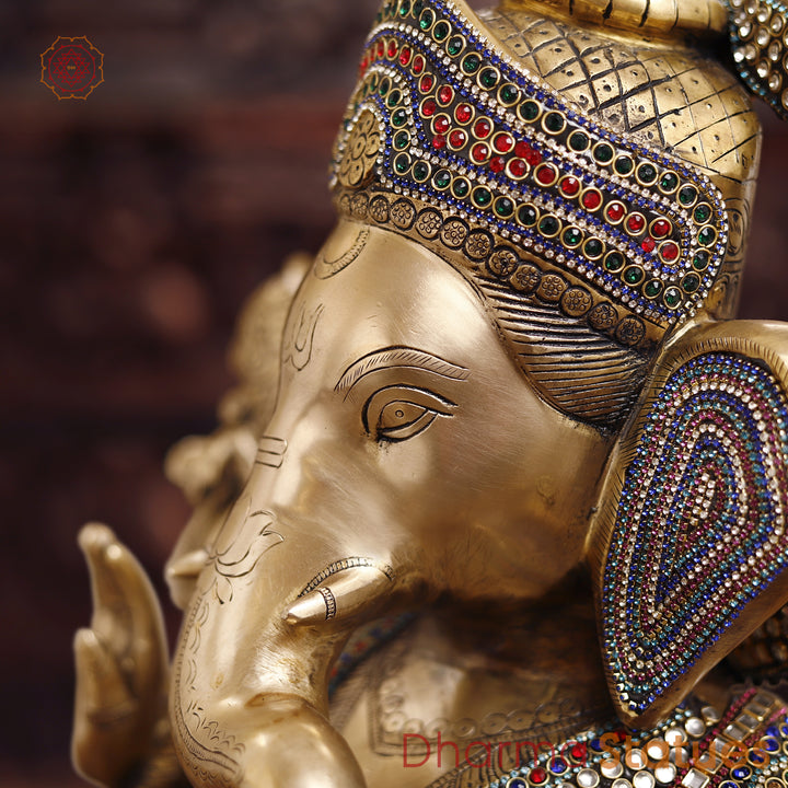 Brass Lord Ganesh Statue, Sitting in a Blessing Posture, Golden & Stone work 22"