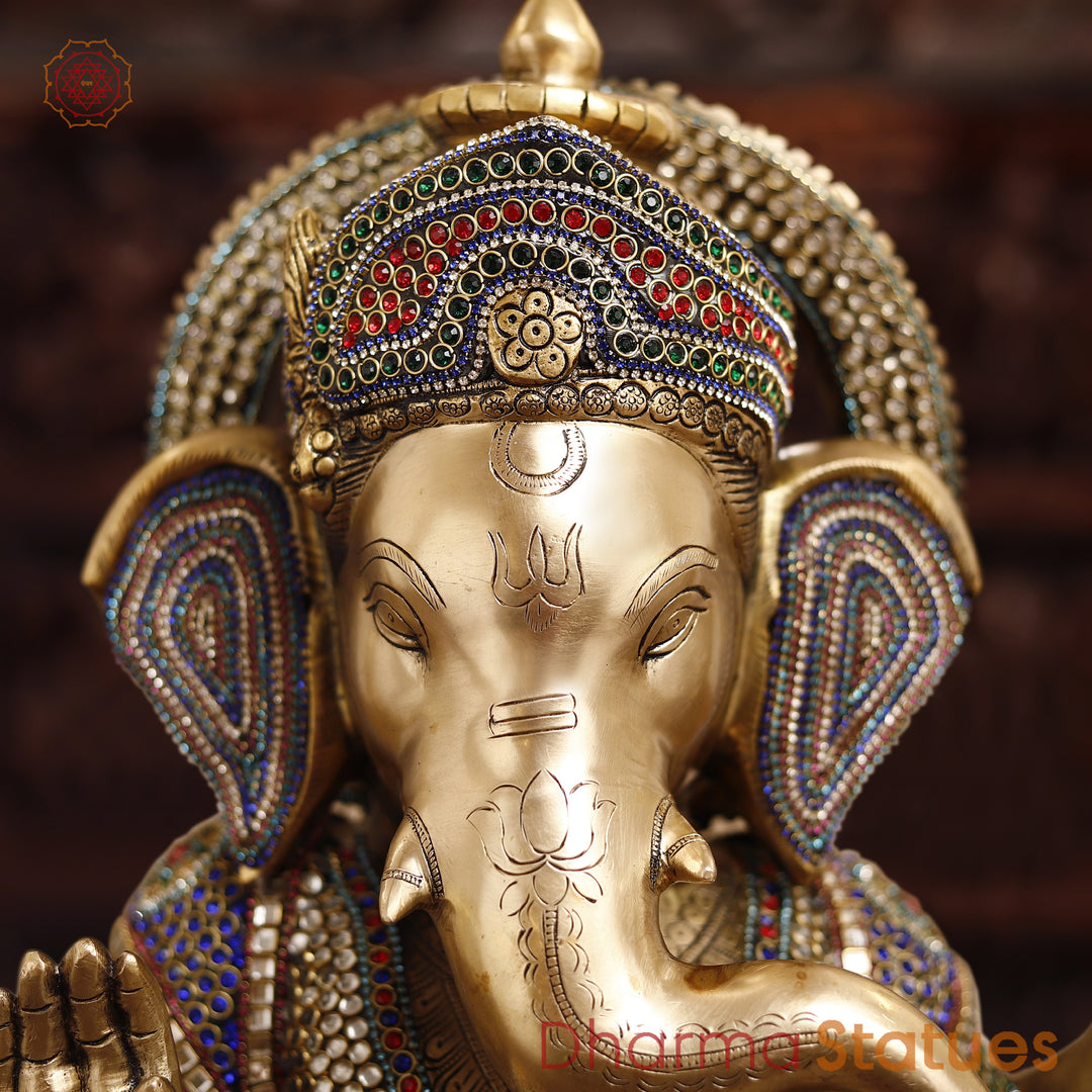 Brass Lord Ganesh Statue, Sitting in a Blessing Posture, Golden & Stone work 22"