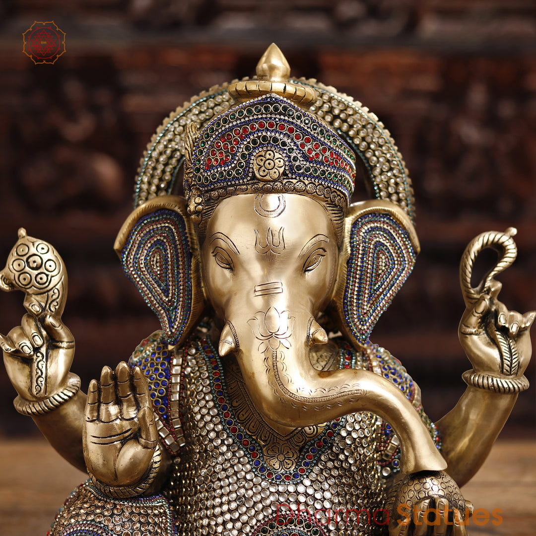 Brass Lord Ganesh Statue, Sitting in a Blessing Posture, Golden & Stone work 22"