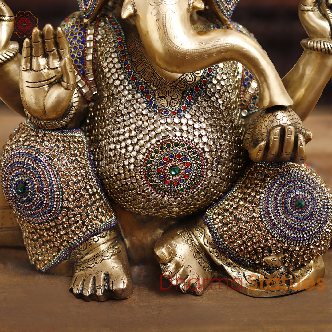 Brass Lord Ganesh Statue, Sitting in a Blessing Posture, Golden & Stone work 22"