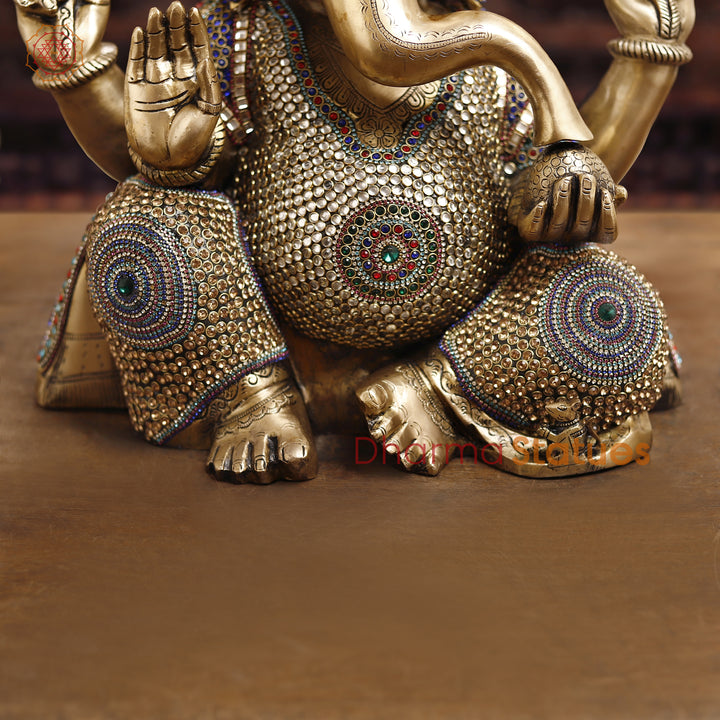 Brass Lord Ganesh Statue, Sitting in a Blessing Posture, Golden & Stone work 22"