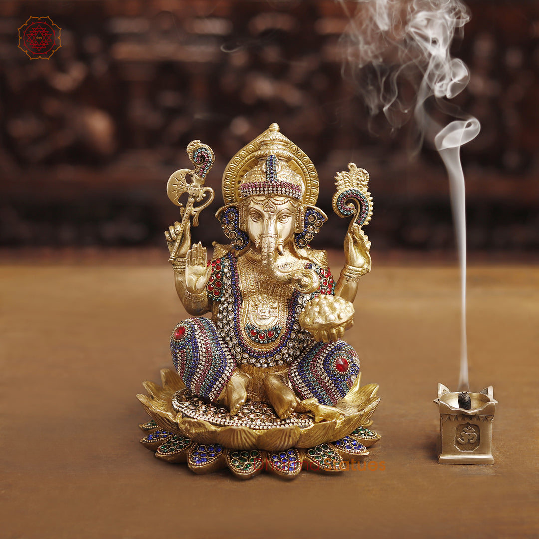 Brass Lord Ganesha Idol, Seated in a Blessing Posture, Golden & Stone work 9.5"