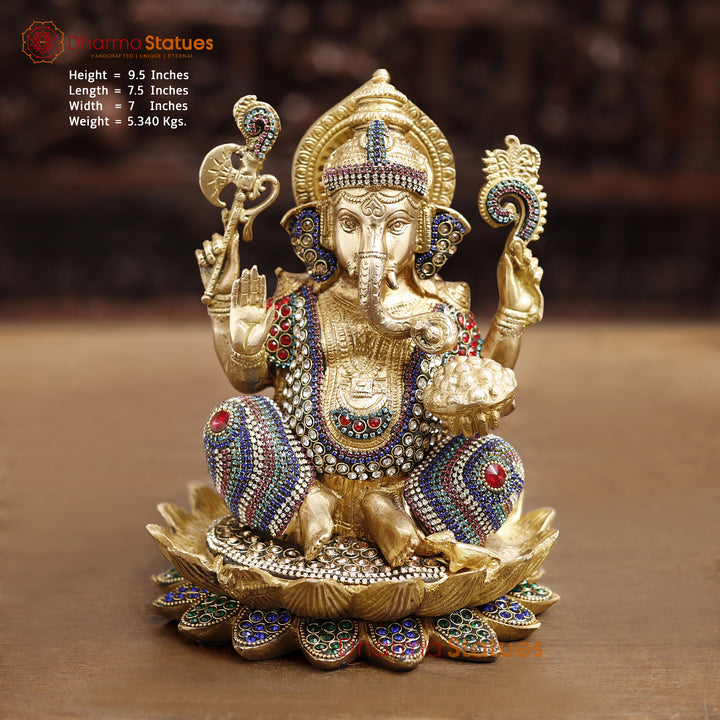 Brass Lord Ganesha Idol, Seated in a Blessing Posture, Golden & Stone work 9.5" Front View