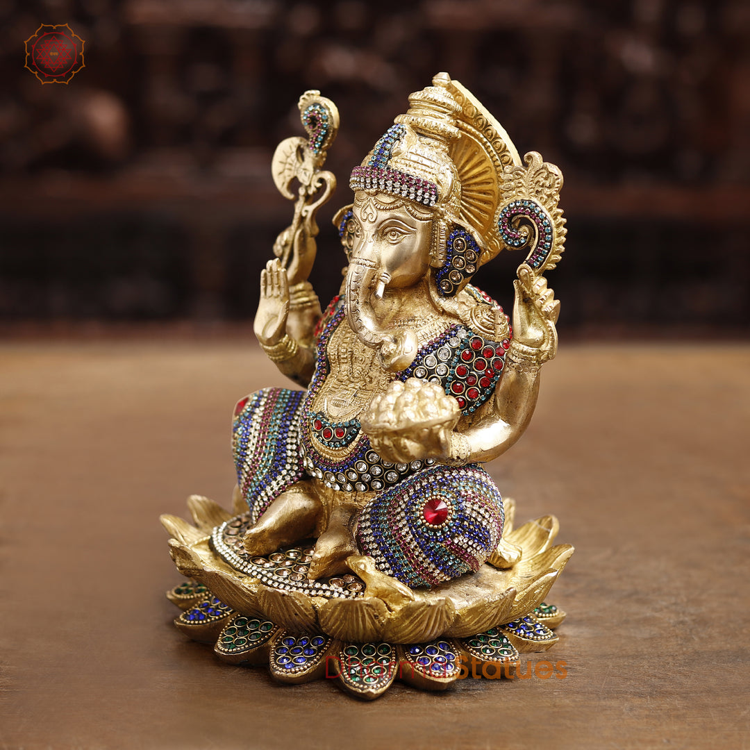 Brass Lord Ganesha Idol, Seated in a Blessing Posture, Golden & Stone work 9.5"