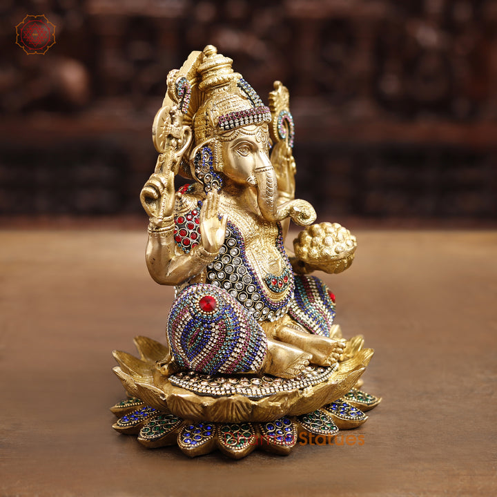 Brass Lord Ganesha Idol, Seated in a Blessing Posture, Golden & Stone work 9.5"