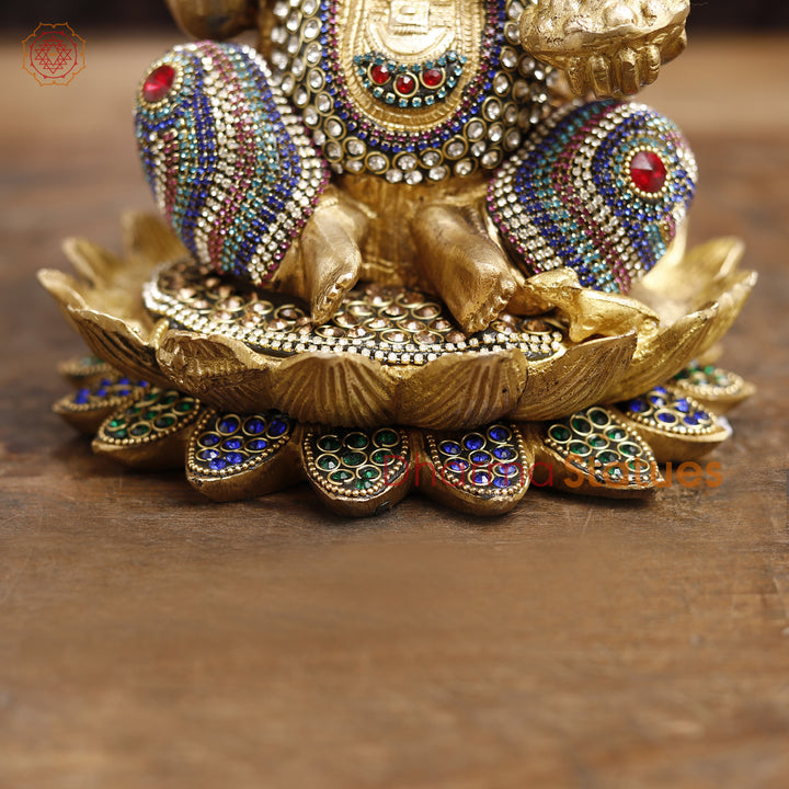 Brass Lord Ganesha Idol, Seated in a Blessing Posture, Golden & Stone work 9.5"