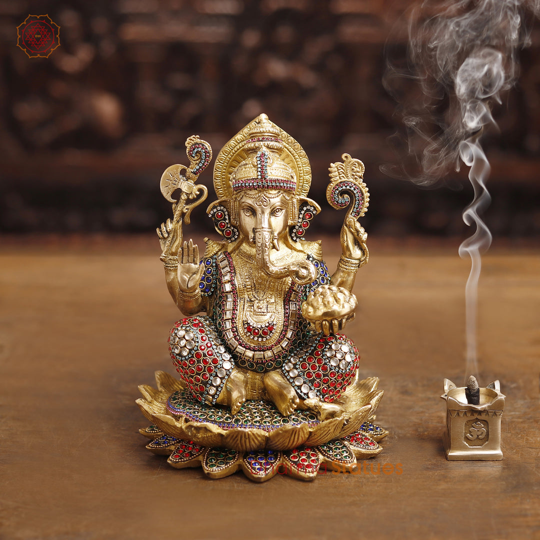 Brass Lord Ganesha Idol, Seated in a Blessing Posture, Golden & Stone work 9.5"